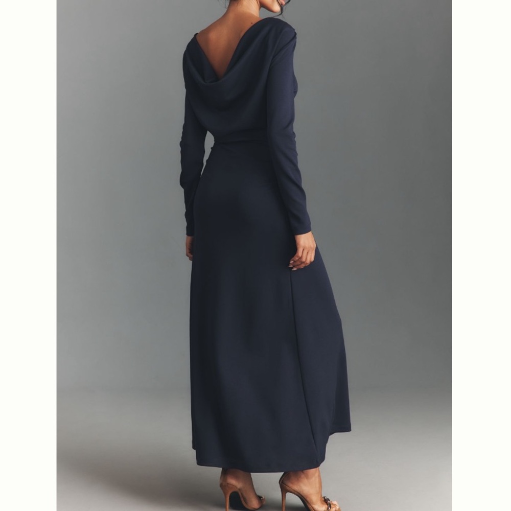 🟤NWT ANTHROPOLOGIE Long-Sleeve Cowl-Back
Maxi Dress in Navy LARGE - Picture 2 of 7